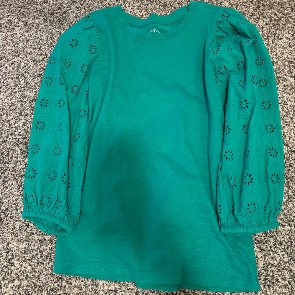 Teal Long Sleeve eyelet Top